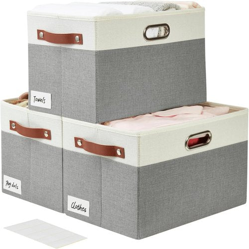 Bagnizer Fabric Storage Bins - Large Collapsible Organizer Baskets with 3 Handles | 3 Pack, Durable Gray & White (14.9"x9.8"x9.8")