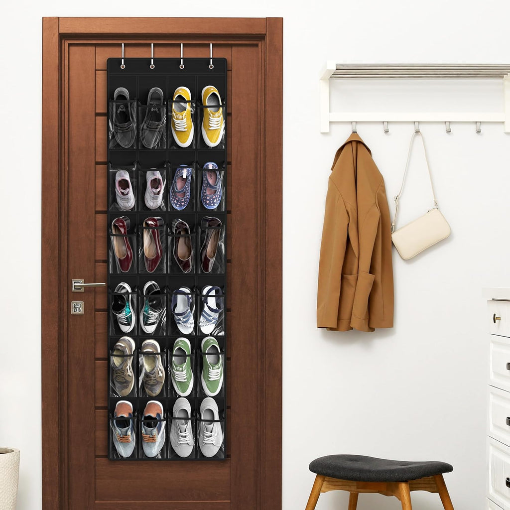 Simple Houseware 24 Pockets - Over The Door Hanging Shoe Organizer | Crystal Clear, Black (64'' x 19'')