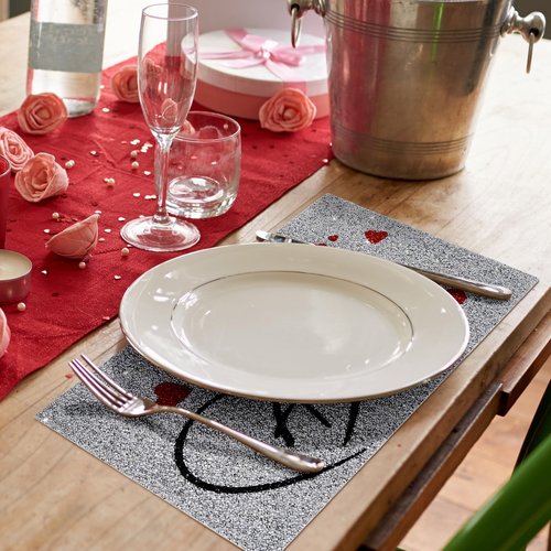Cumouna Placemats Set of 4, Silver and Red Rhinestones Table Mat Home Decoration for Centerpiece Dining Table Love You Always Valentines Day Family Frineds Birthday Gifts