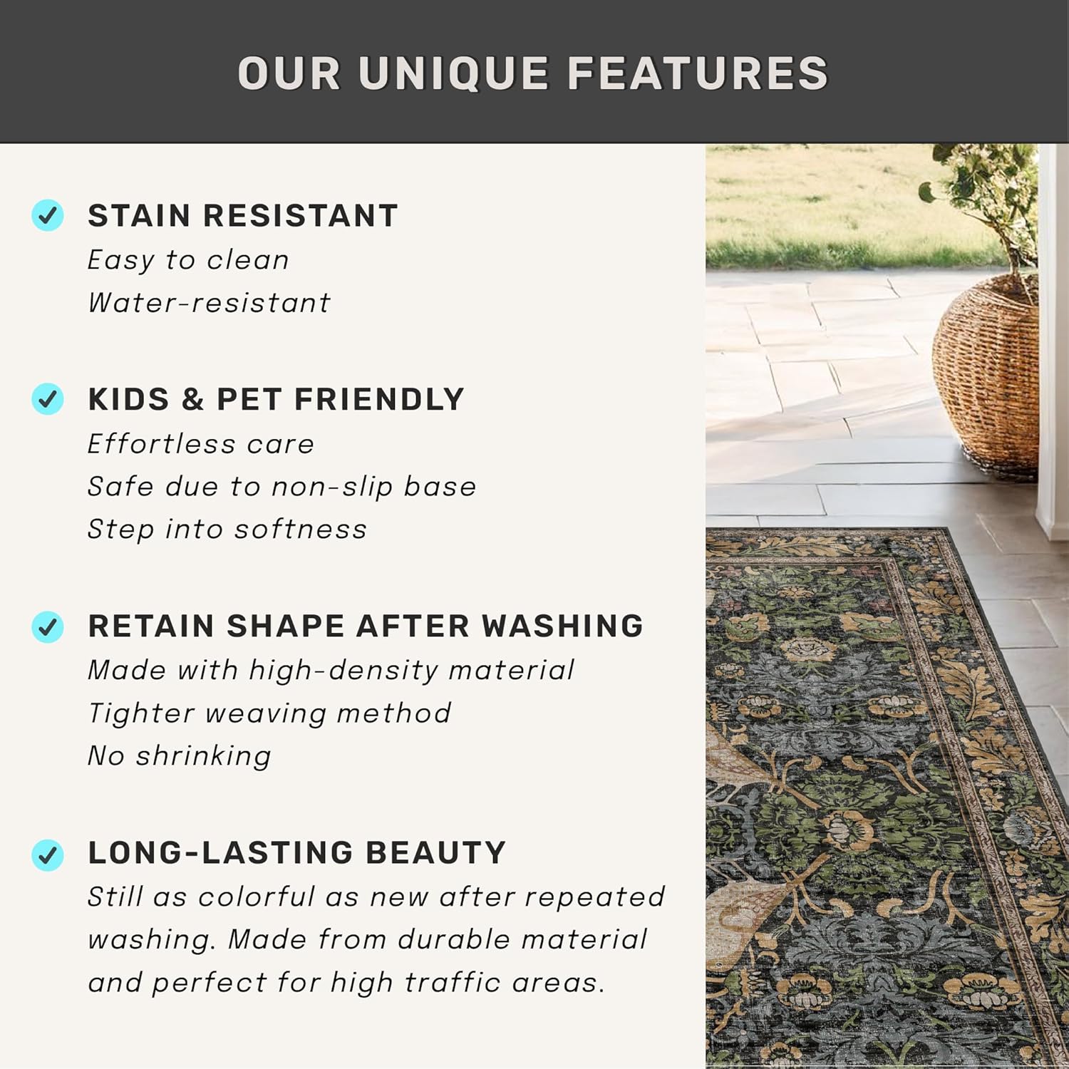 Skiennix Large Entryway Rugs - 3x5 Washable Indoor Mat with Moody Woodland Flowers | Non-Slip, Stain Resistant