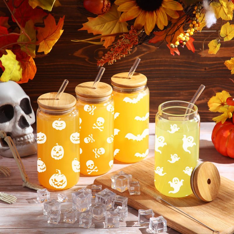 Umigy 4 Set 16oz Halloween Glass Cups Funny Ghost Witch Iced Coffee Can Cup Tumblers Pumpkin Fall Decorations Drinking Glasses with Lids Straws Brushes Halloween Birthday Gift for Women Men(Classic)