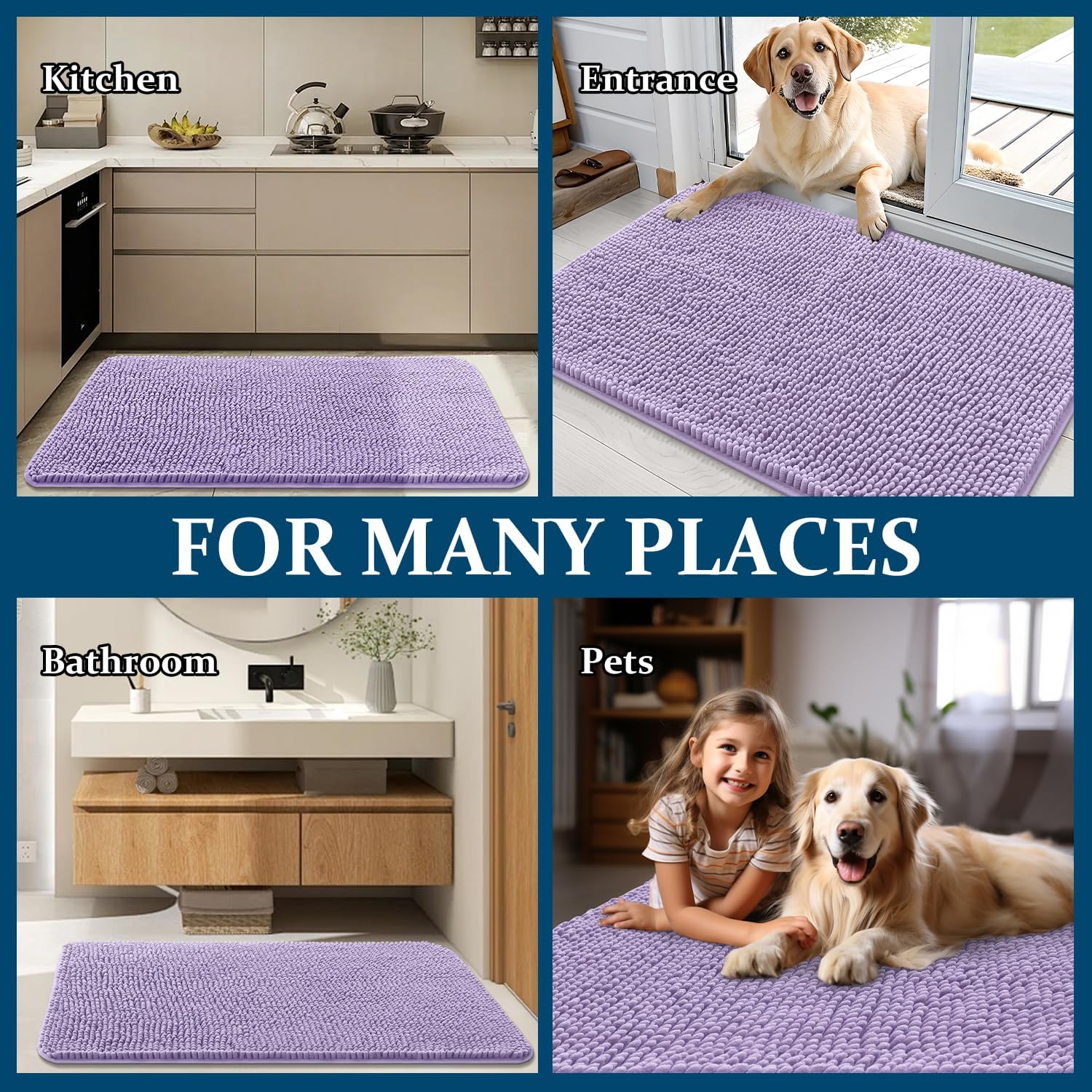 OLANLY Dog Door Mat - Absorbent Non-Slip Washable Chenille Mat for Muddy Paws | 70x24, Lavender