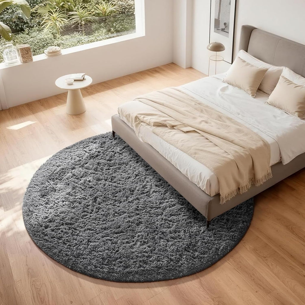 Ophanie Round Rug - 7Ft Grey Circle Area Rug | Plush Shag Carpet for Living Room & Nursery Decor
