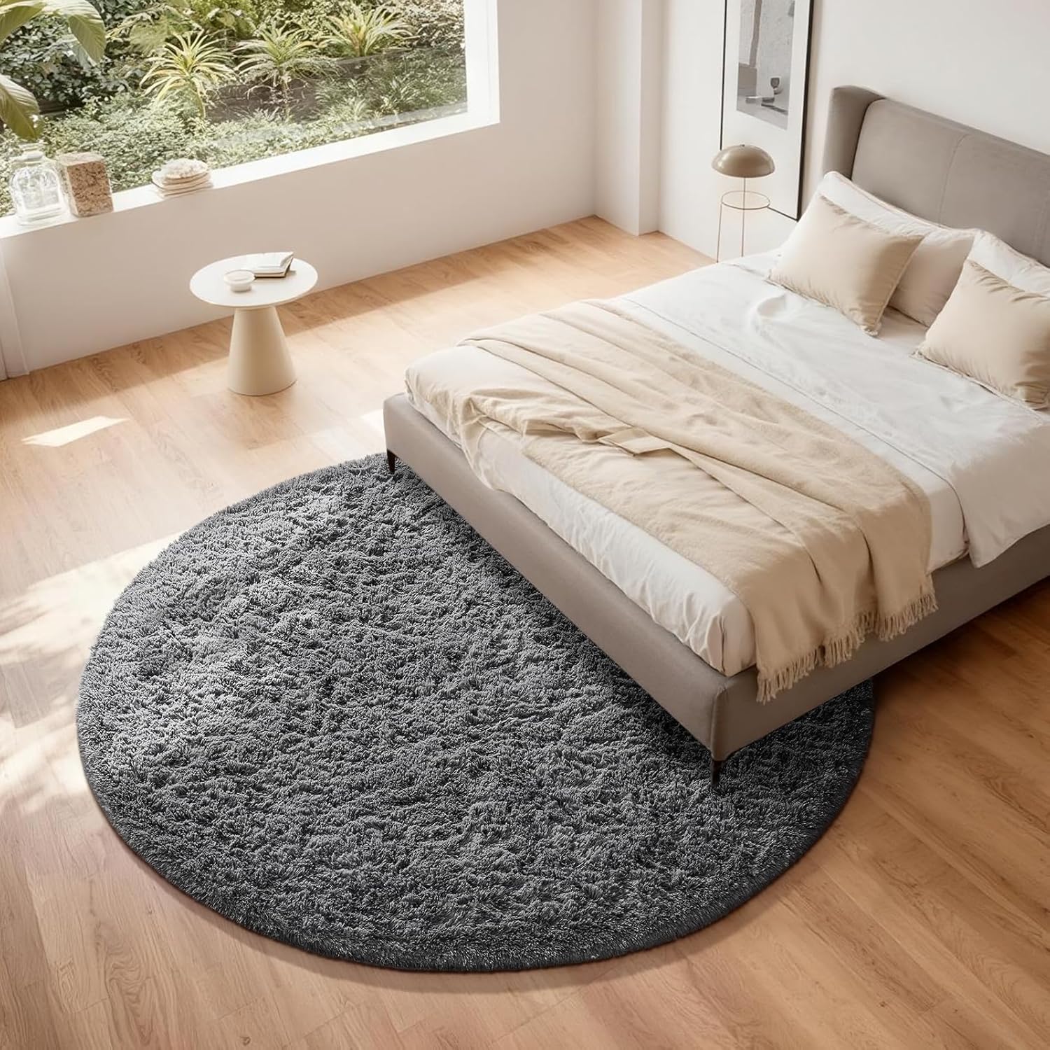 Ophanie Round Rug - 7Ft Grey Circle Area Rug | Plush Shag Carpet for Living Room & Nursery Decor