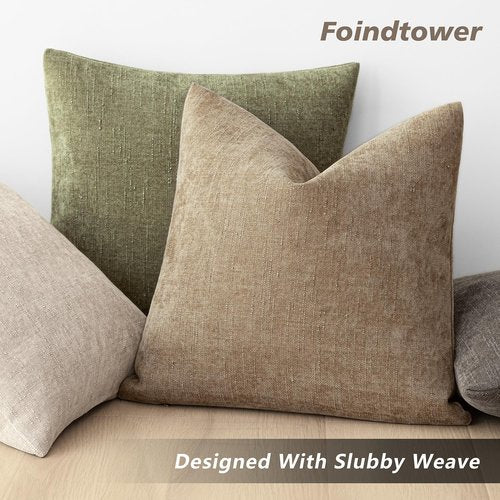 Foindtower Pack of 2 Textured Chenille Throw Decorative Pillow Covers Square Accent Solid Cushion Cover Neutral Farmhouse Pillow Case for Couch Sofa Bedroom Living Room 18x18 Inch,Taupe Khaki Camel