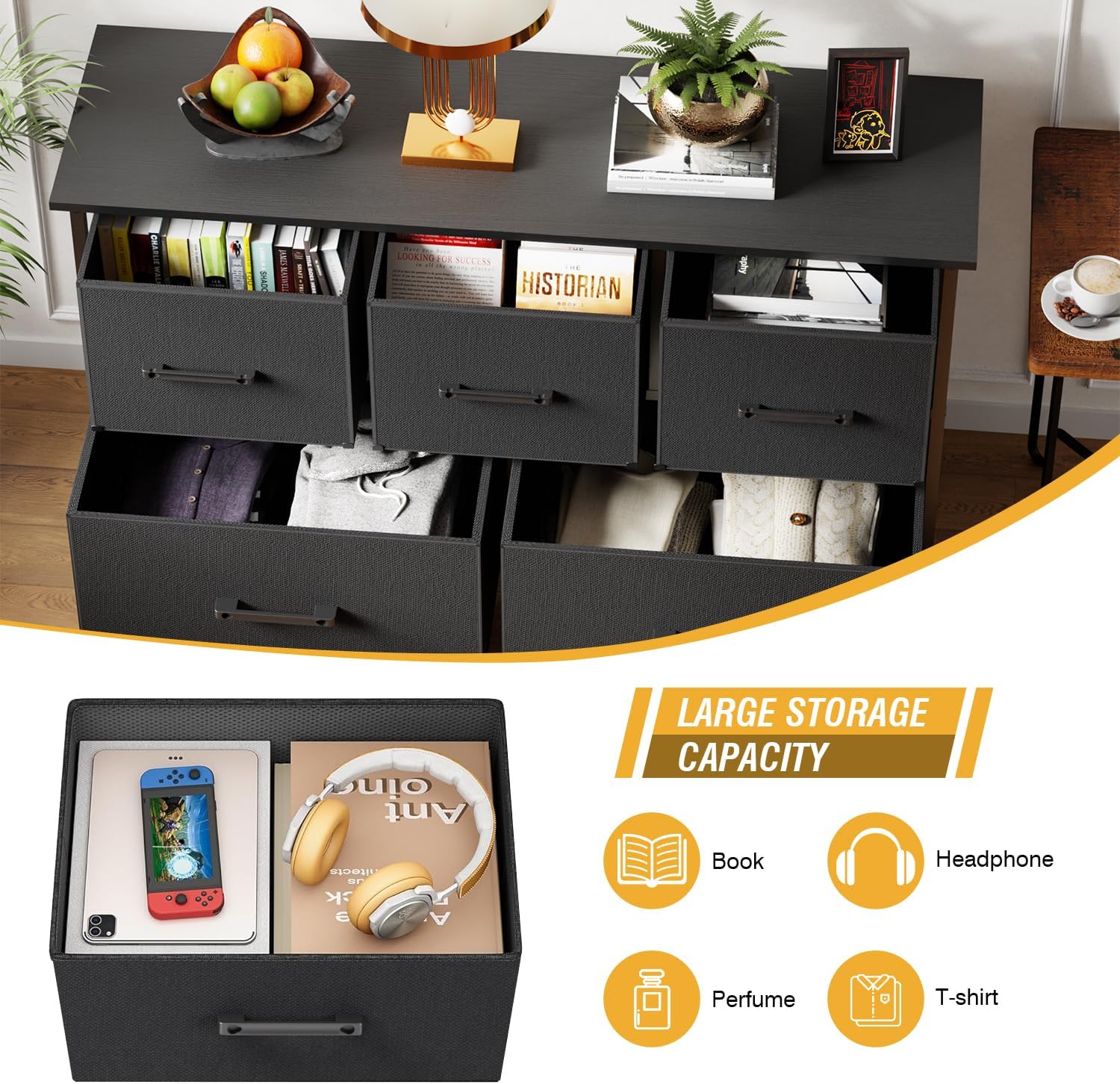 PayLessHere Fabric Dresser - Wide 5-Drawer Chest of Drawers with Metal Frame & Wood Top | Black Storage Unit for Bedroom, Living Room, Entryway