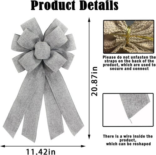 Grey Burlap Wreath Bow - 20 x 11 Inches | Perfect for Easter, Birthdays, and Home Decor