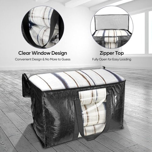 BALEINE 4-Pack Heavy-Duty Moving Bags - Oversized Storage Totes with Reinforced Handles | Black w/Window