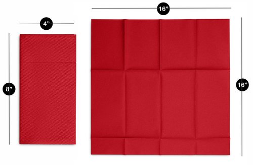 50-Pack Disposable Linen-Feel Dinner Napkins with Built-in Flatware Pocket, BRIGHT RED Prefolded Cloth Like Paper Napkins For Christmas, Dinner, Wedding Or Party [Silverware NOT Included]