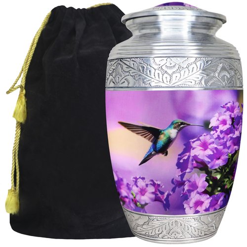 M MEILINXU Urn for Ashes for Women & Man, Cremation Urns for Human Ashes Adult Female & Male, Funeral Decorative, Engraving Urn, Purple Flower and Hummingbird - Large Full Size