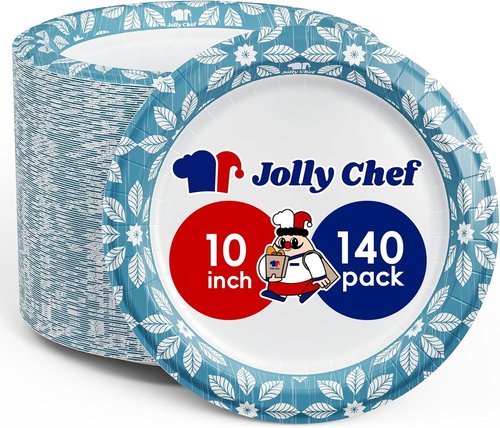 JOLLY CHEF 10-Inch Heavy Duty Disposable Paper Plates - 140 Pack, Soak Proof & Cut Proof for Everyday Use