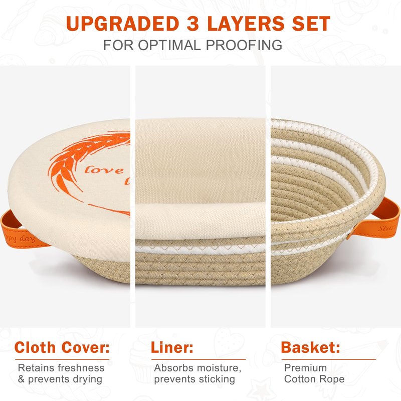 Reeple Banneton Sourdough Bread Proofing Basket Set of 2, Oval & Round Cotton Rope Bread Supplies Proofing Bowls with Liners and Covers for Sourdough Bread Baking
