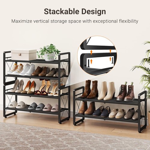 ELYKEN Shoe Rack - 2-Tier Expandable Organizer with 4 Hooks | Metal Black Shelf for Entryway & Closet