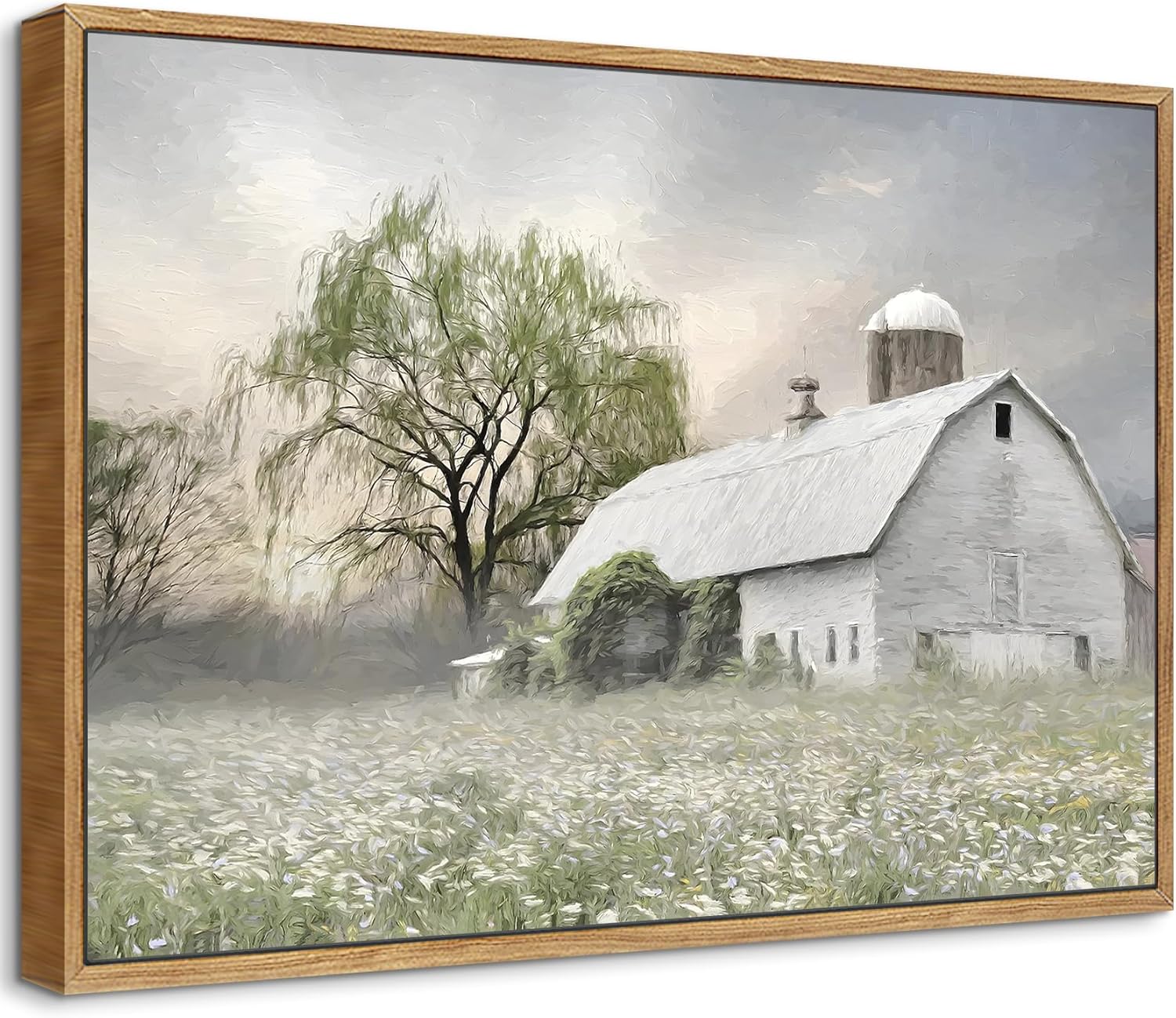 Skiennix Rustic Farmhouse Canvas Wall Art - White Barn Wildflower Landscape Print | 16x12 in for Bedroom & Living Room
