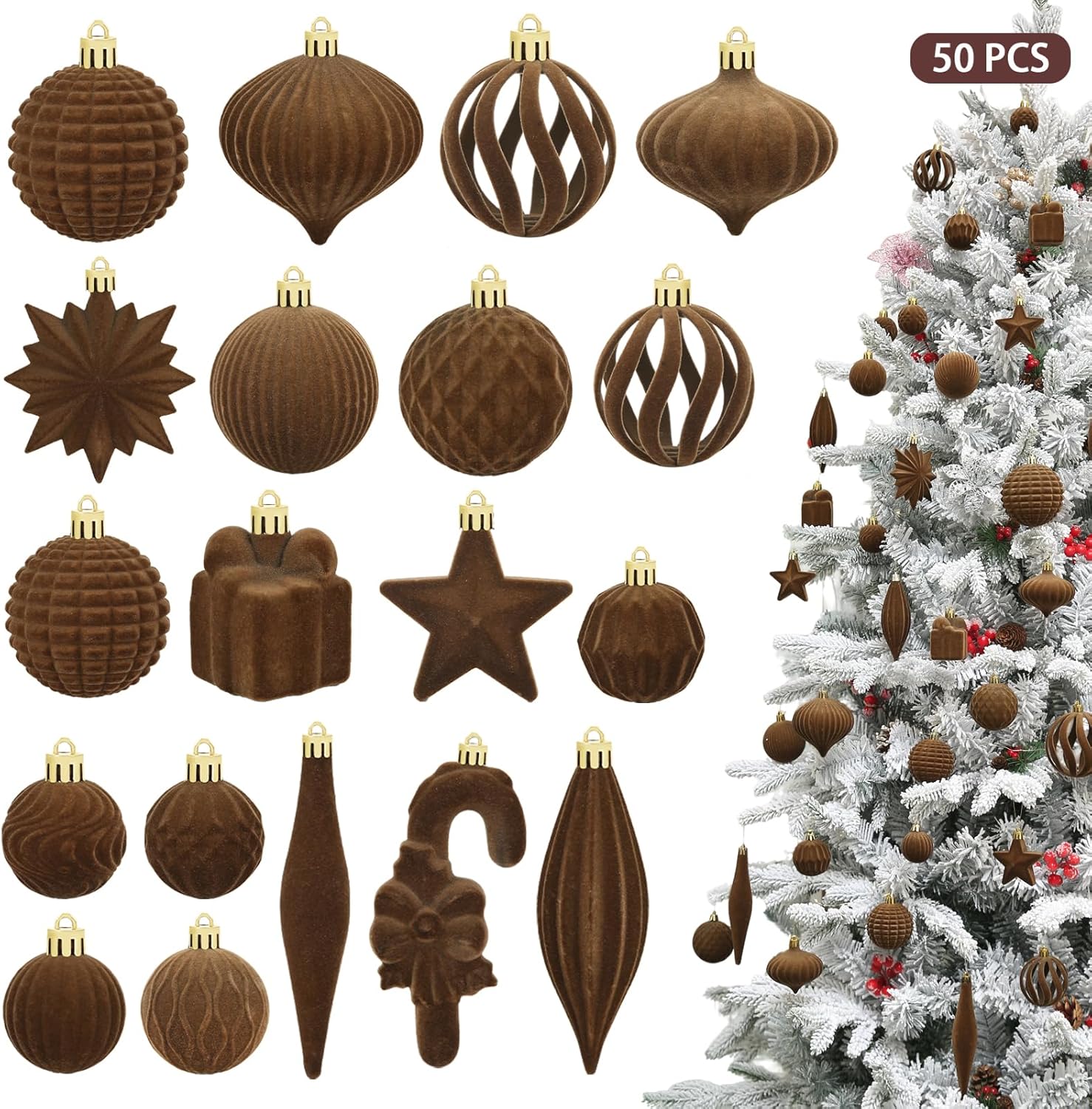 Skiennix 50 Pcs Brown Velvet Christmas Balls - Flocked Ornaments for Tree Decor & Holiday Parties