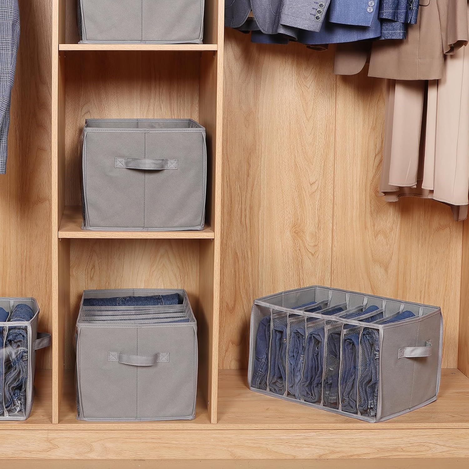 Zilink Upgraded Clothes Organizer - Clear Pants Storage Bins with 7 Grid Dividers | 3 Pack for Closet