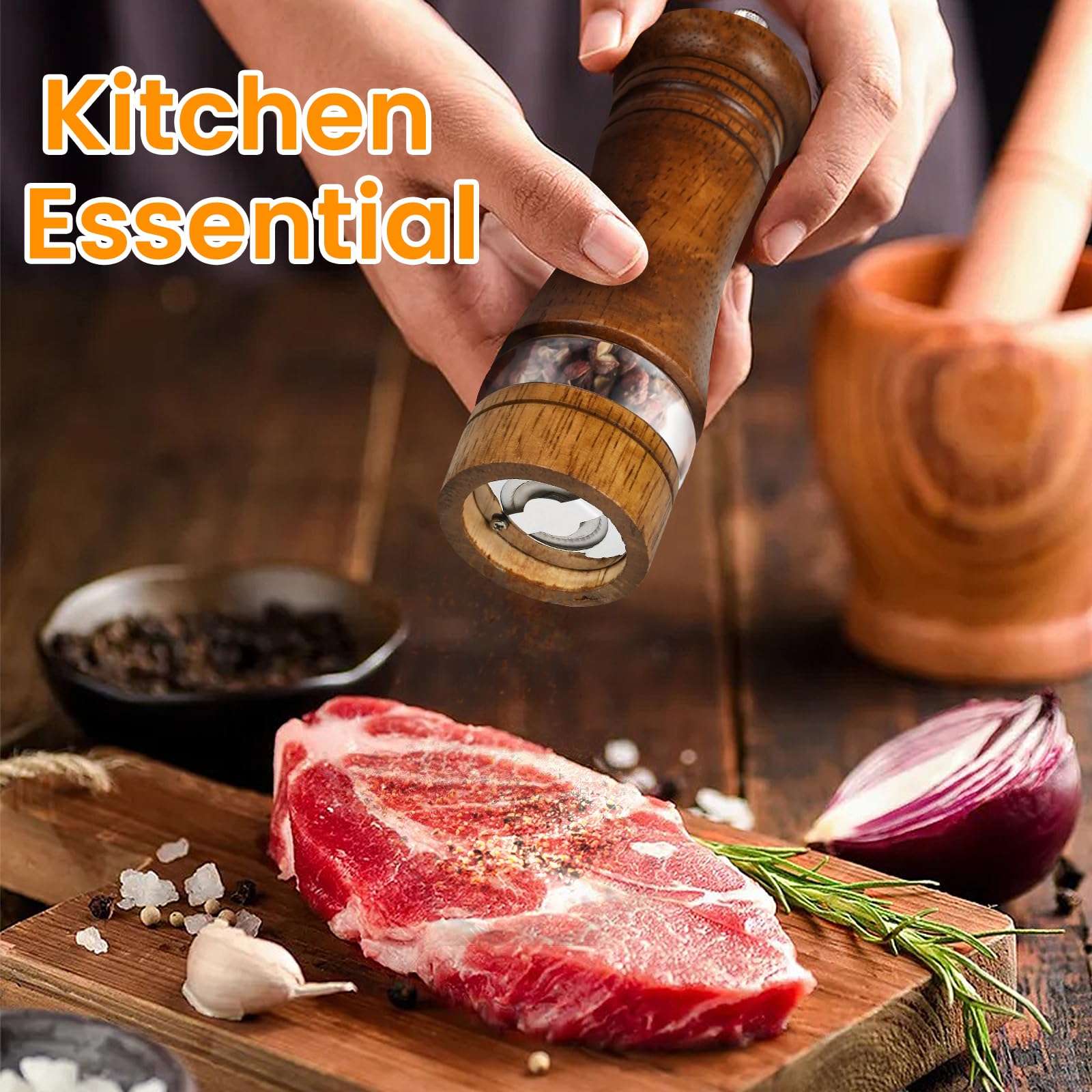 Salt and Pepper Grinder Set, Pepper Grinder，Salt Grinder，Pepper Mill，6 inch Refillable Grinder for Black Pepper，Wooden Salt and Pepper Shakers Set