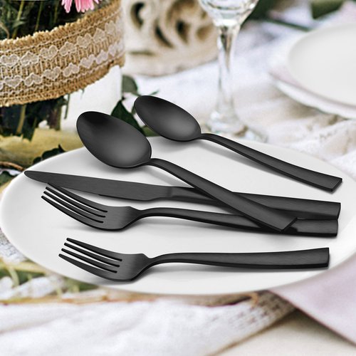 LIANYU 45-Piece Matte Black Silverware Set with Serving Utensils, Stainless Steel Flatware Cutlery Set for 8, Square Tableware Eating Utensils for Wedding Home, Satin Finish, Dishwasher Safe
