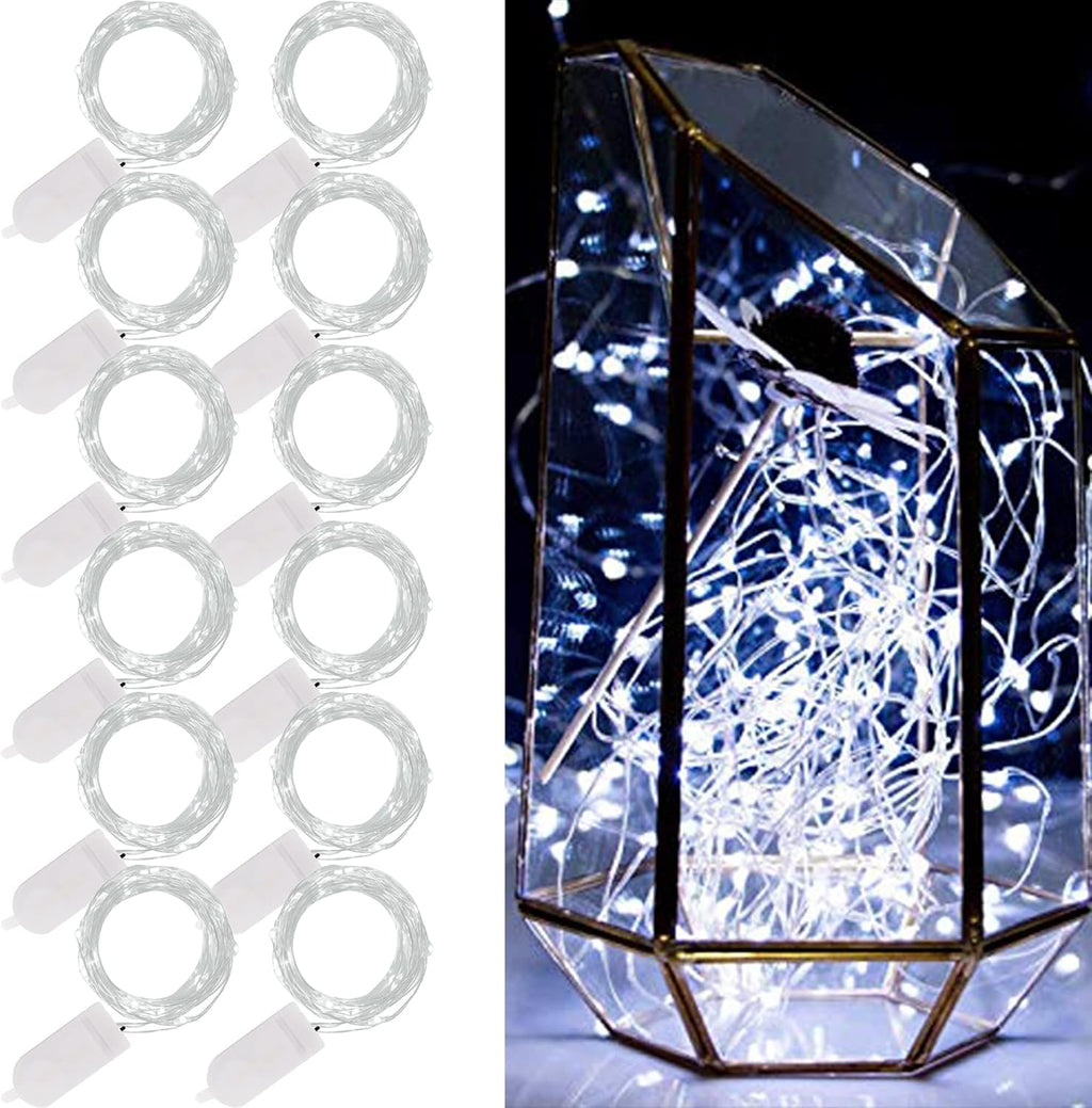 WATERGLIDE 12 Pack Mini String Lights - Battery Operated 20 LED Fairy Lights | Waterproof Silver Wire for Wedding & Party Decor