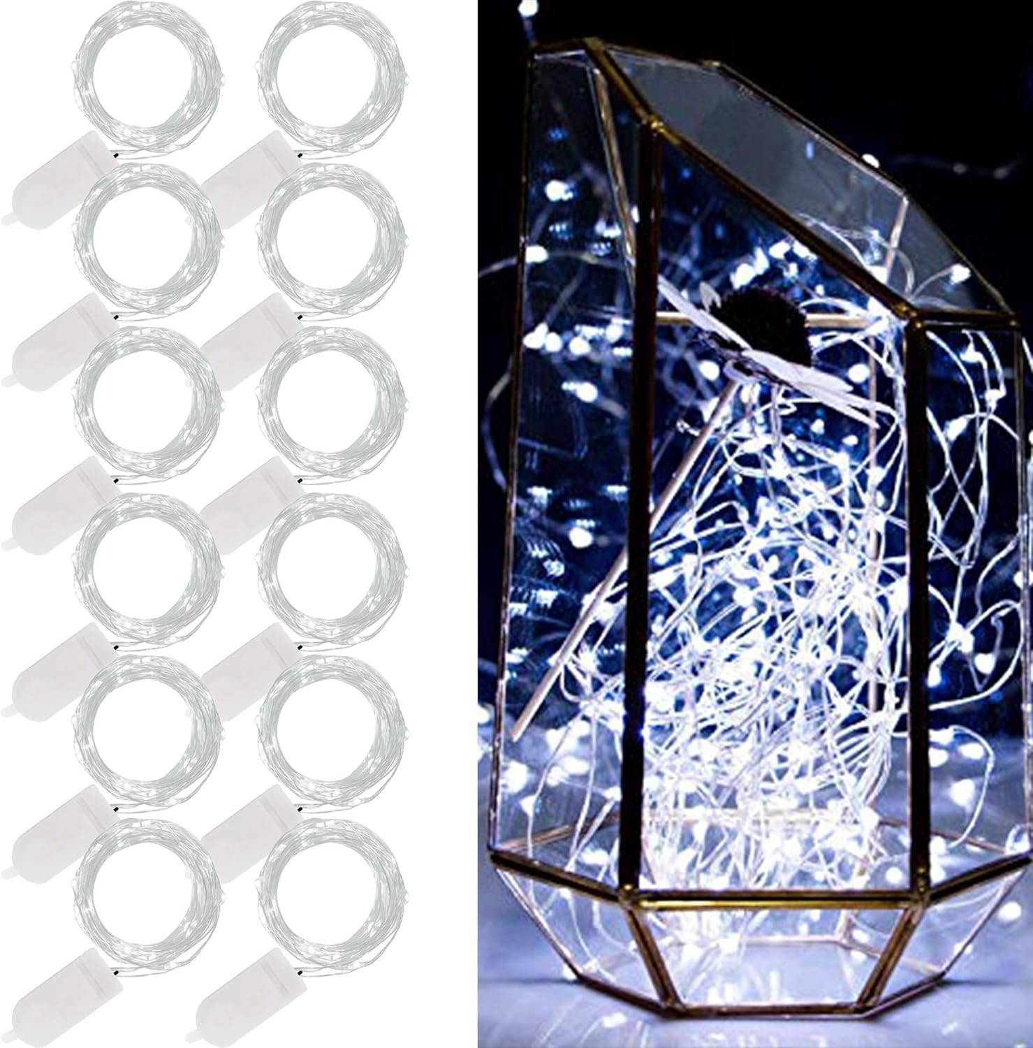 WATERGLIDE 12 Pack Mini String Lights - Battery Operated 20 LED Fairy Lights | Waterproof Silver Wire for Wedding & Party Decor