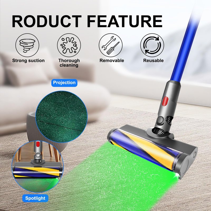 LHCOEEO Soft Roller Brush Head for Dyson V7 V8 V10 V11 V15 Cyclone Cordless Vacuum Cleaner - Quick-Release Attachment with Green LED Cleaning Light for Hardwood, Marble, Tile & Pet Hair Removal