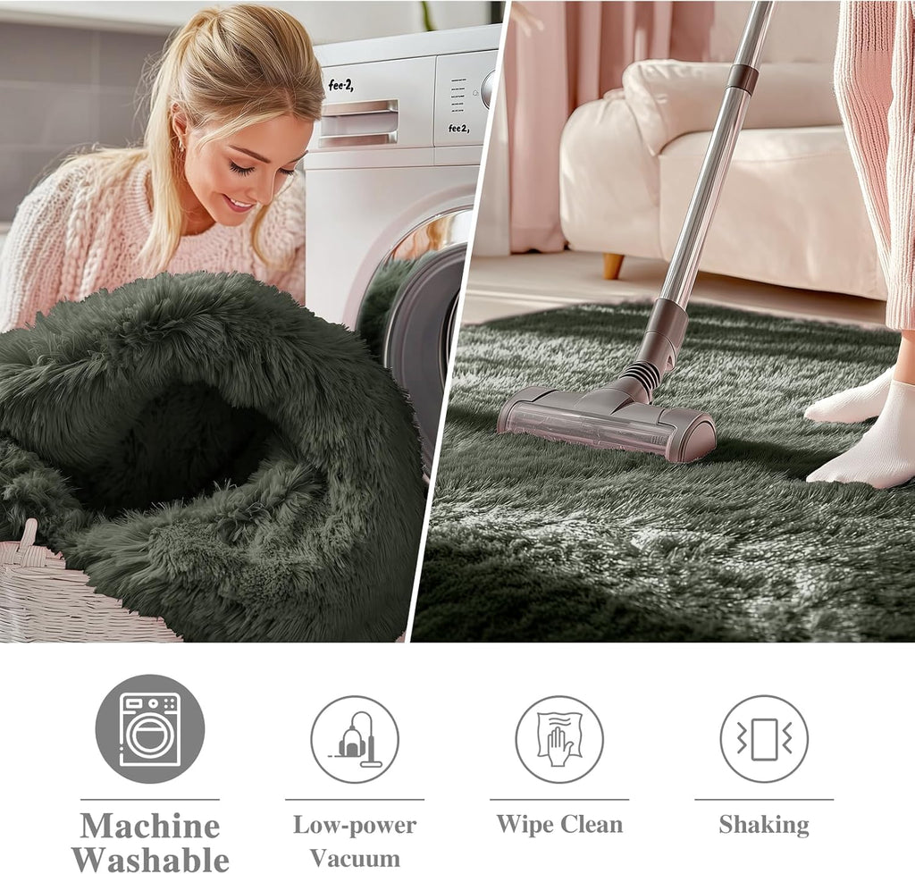 OLANLY Olive Green Round Area Rug - Soft, Fluffy, Machine Washable 7 ft Circle Carpet for Bedroom & Living Room Decor