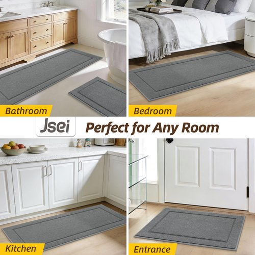 JSEI Non-Slip Bathroom Rugs, Self Adhesive No Sliding Bath Rugs Set of 2, Machine Washable Absorbent Bath Mat Set for Tub Shower & Single Sink 20”x32”+20”x48”, Light Grey, Rectangular Pattern