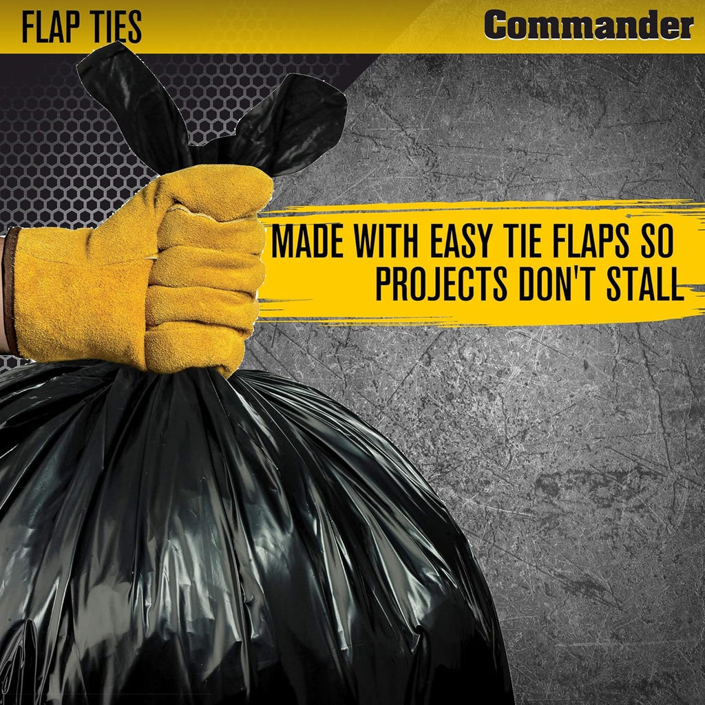 Commander 55 Gallon 3 MIL Heavy Duty Contractor Bags with Flap Ties - 36" x 52" - Pack of 40 - For Contractor, Industrial, & Outdoor