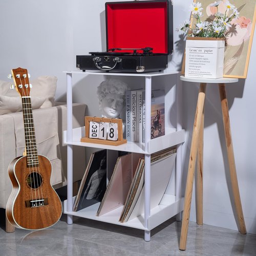 Antilope 18x14 White Acrylic Record Player Stand with Vinyl Storage, 3 Tiers Turntable Stand Holder Up to 200 Albums, Large Record Player Table Cabinet Organizer for Living Room Bedroom Corner
