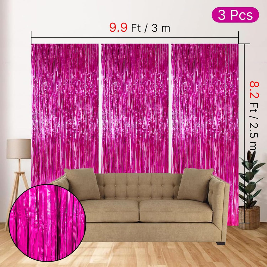 PartyWoo Hot Pink Foil Fringe Curtain - 3pcs 8.2ft Magenta Tinsel Backdrop for Birthday & Bachelorette Parties