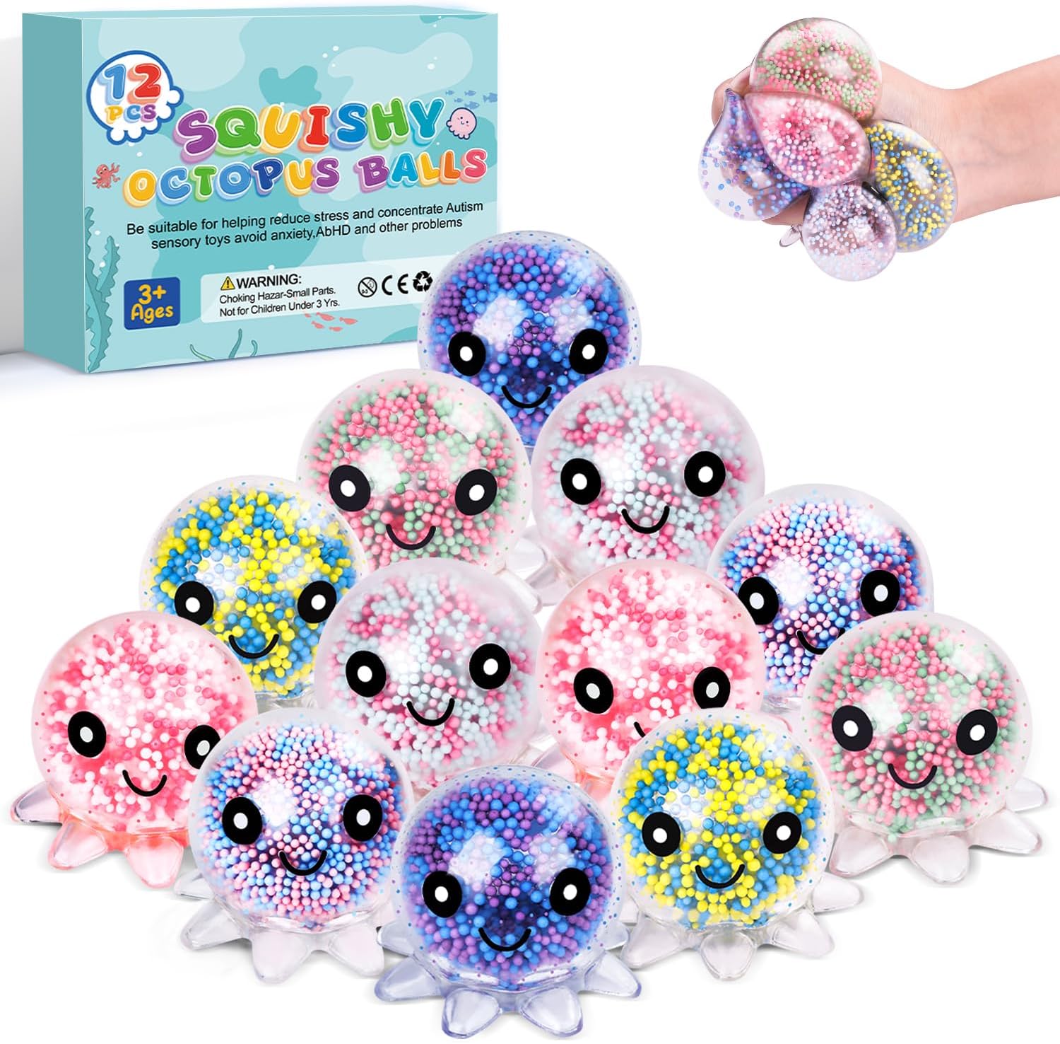 Skiennix Fidget Stress Balls - 12 Pack Cute Octopus Squeeze Balls for Stress Relief & Party Favors