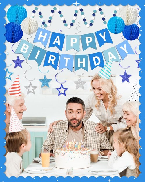 Blue Happy Birthday Decorations - Banner with Honeycomb Balls & Stars | Perfect Party Decor for All Ages