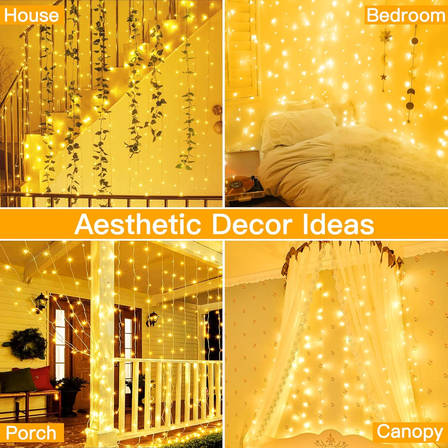 Ollny 200 LED Curtain Lights - 6.6x6.6ft Dimmable Fairy Lights with Remote & Timer | Warm White Indoor Decor