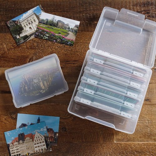 IRIS USA Photo Organizers - 5" x 7" Storage Box with Handle & 6 Inner Cases for Stickers, Ephemera, & Flashcards - Clear
