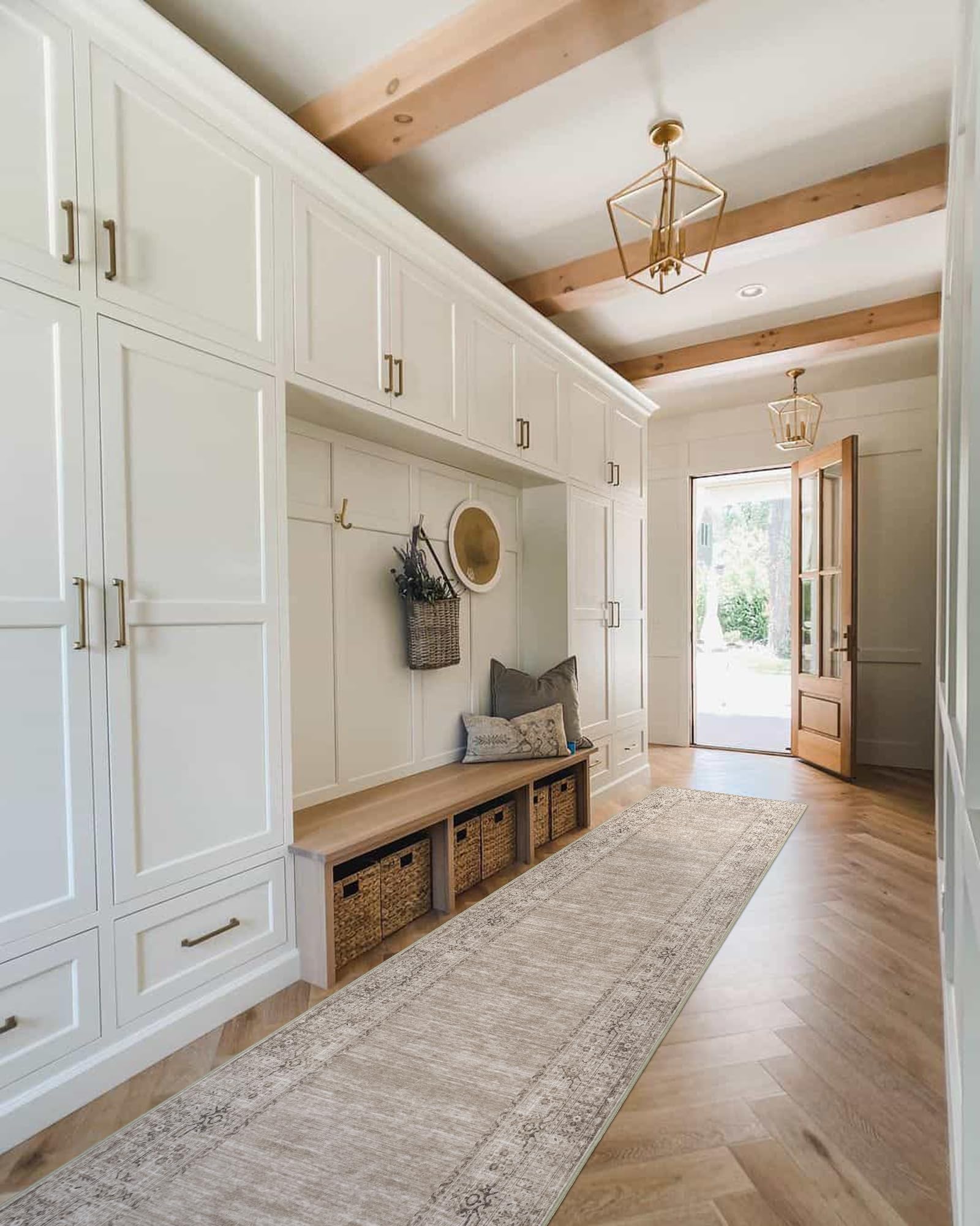 Nuomeijia Washable Hallway Runner Rug 2.5x12ft - Long Beige Vintage Boho Bordered Kitchen Runner Rug Non Slip Entryway Bedroom Farmhouse Runners for Hallways