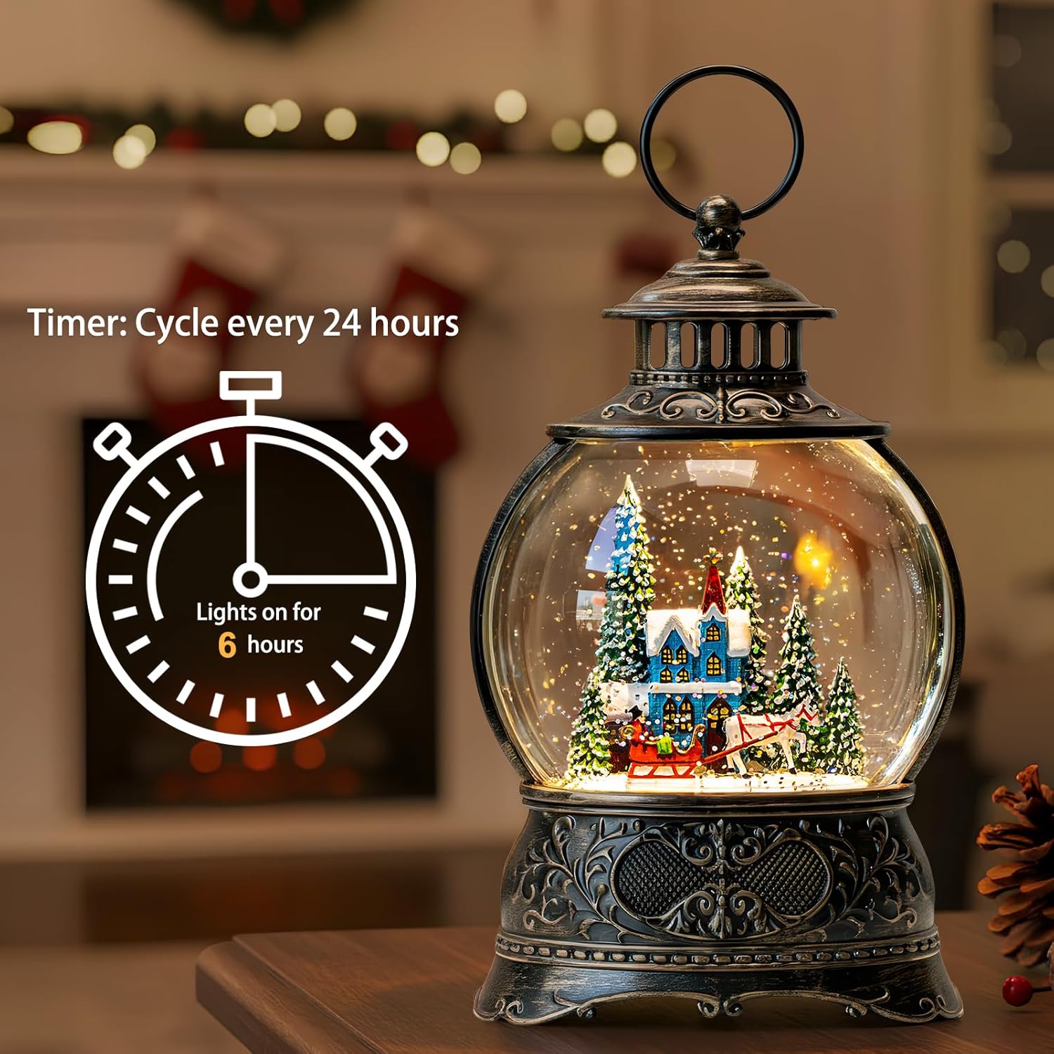 Regine Switzerland Christmas Snow Globe - Musical Water Lantern with Timer & USB/Battery Operated | Blue Church Design
