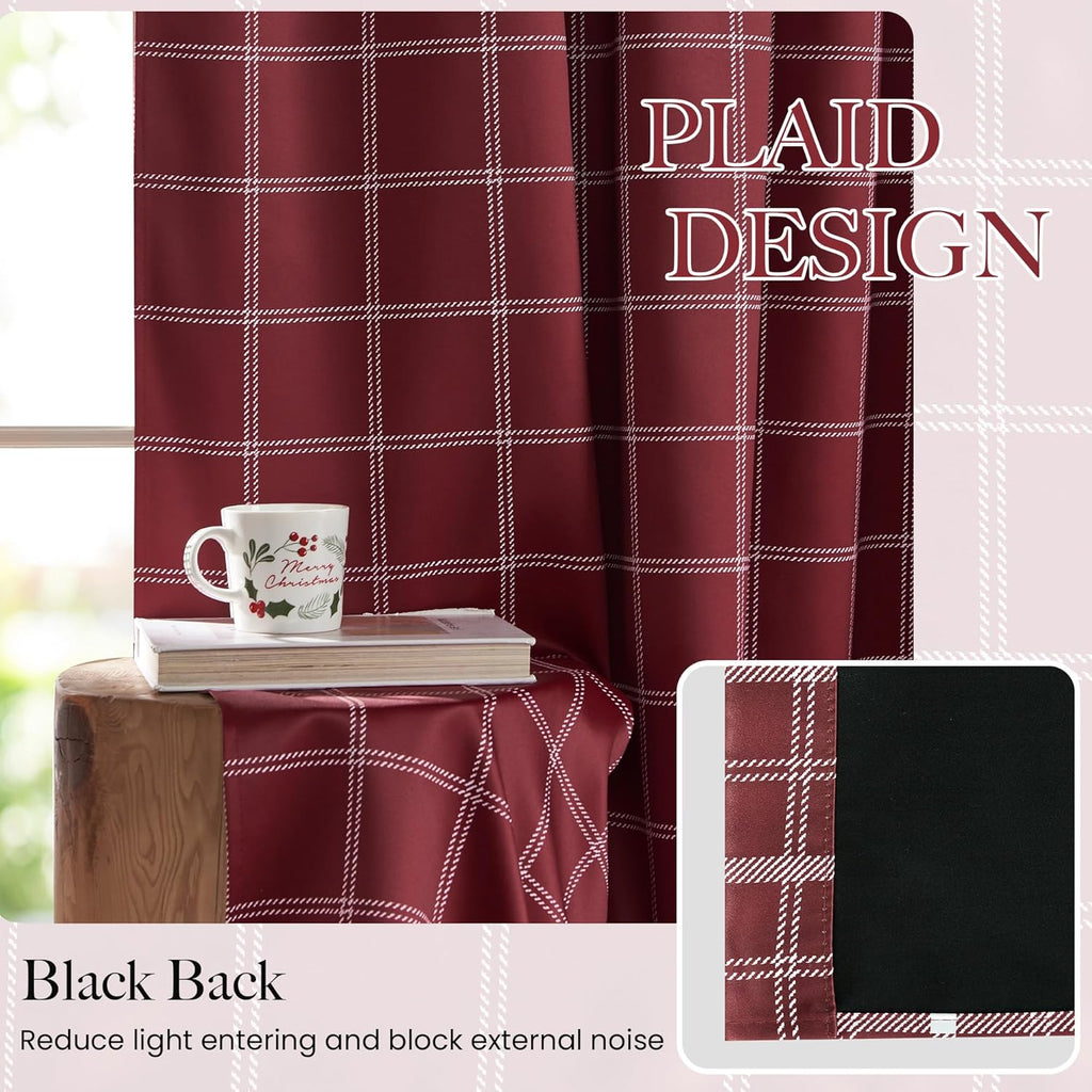 NICETOWN 100% Blackout Red Plaid Curtains - 84 Inch Long Thermal Insulated Drapes | 2 Panels Set for Living Room