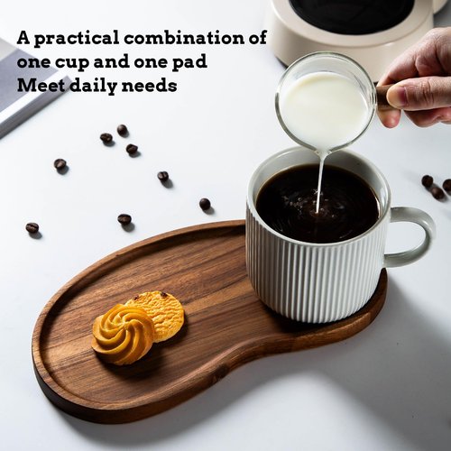 JiabaoPC Ceramic Coffee Mug and Wooden Serving Tray Set, White Ribbed Cup with Handle 14.2oz, Modern Design with Wood Platter