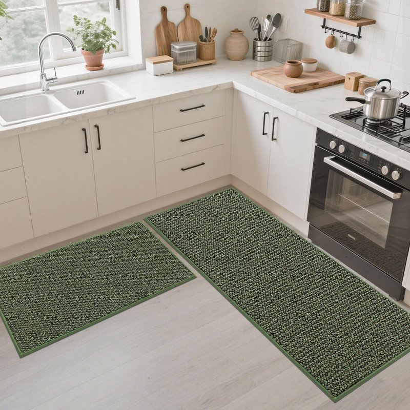 JSEI Kitchen Rugs and Mats, 2PCS Non-Slip Kitchen Mats for Floor, Machine Washable Absorbent and Stain Resistant Kitchen Runner, Carpet Mats with TPR Backing for, 24''x36''+24''x60'', Green