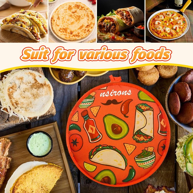 NSIRONS 2Pcs Tortilla Warmer, 12 Inch Insulated Microwave Safe Fabric Tortilla Warmer Pouch to Keep Food Warm for Corn Flour Taco Pizza Bread up to One Hour (2 pack Black&Orange)
