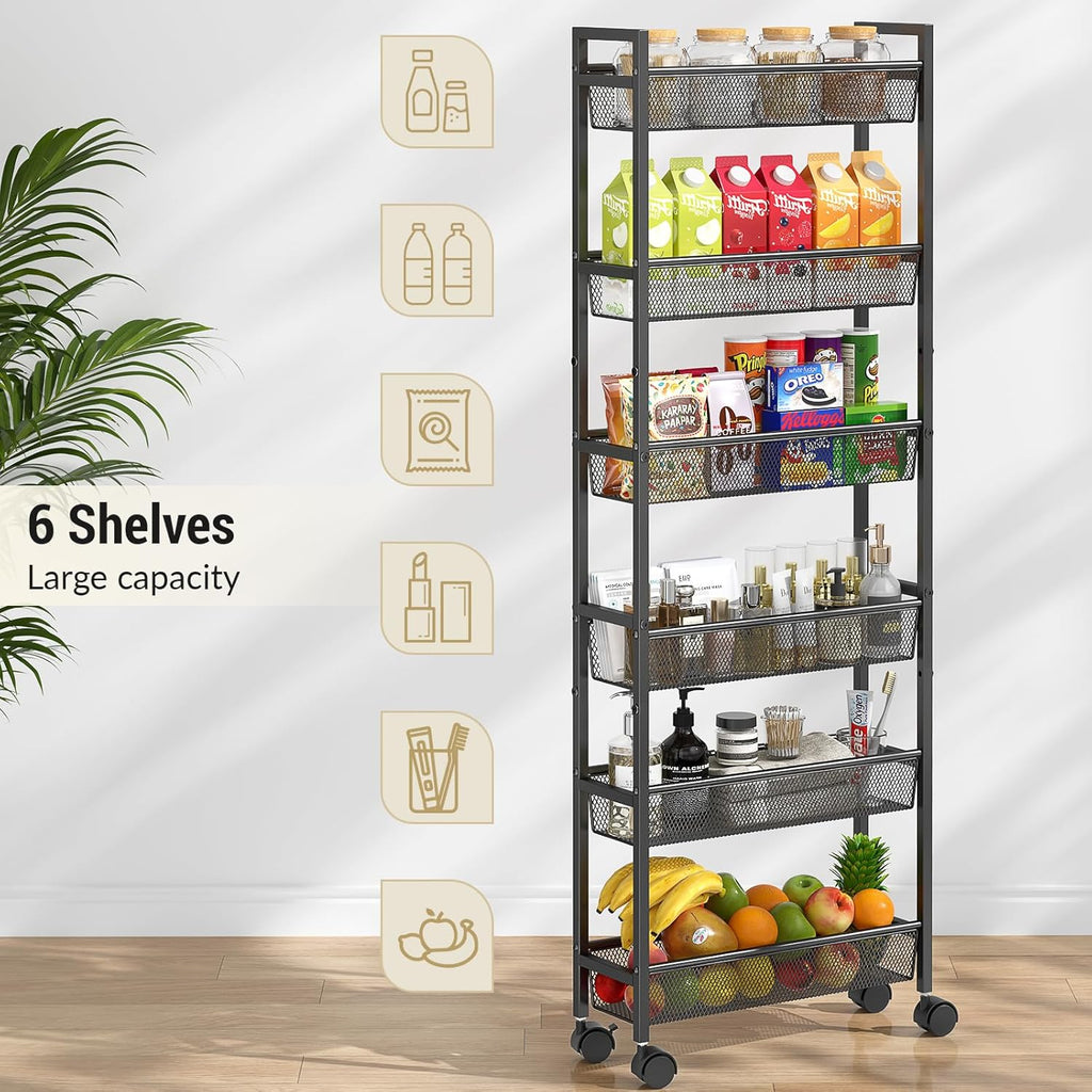 ThreeHio 6-Tier Slim Storage Cart - Mobile Metal Shelving Unit with Wheels for Kitchen & Narrow Spaces | Black, 6in Width