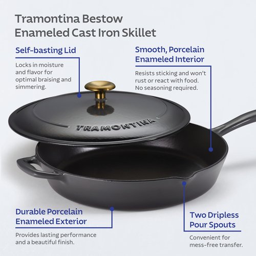 Tramontina Bestow Enameled Cast Iron Skillet with Lid, 12-inch Frying Pan, Smoke with Gold Knob
