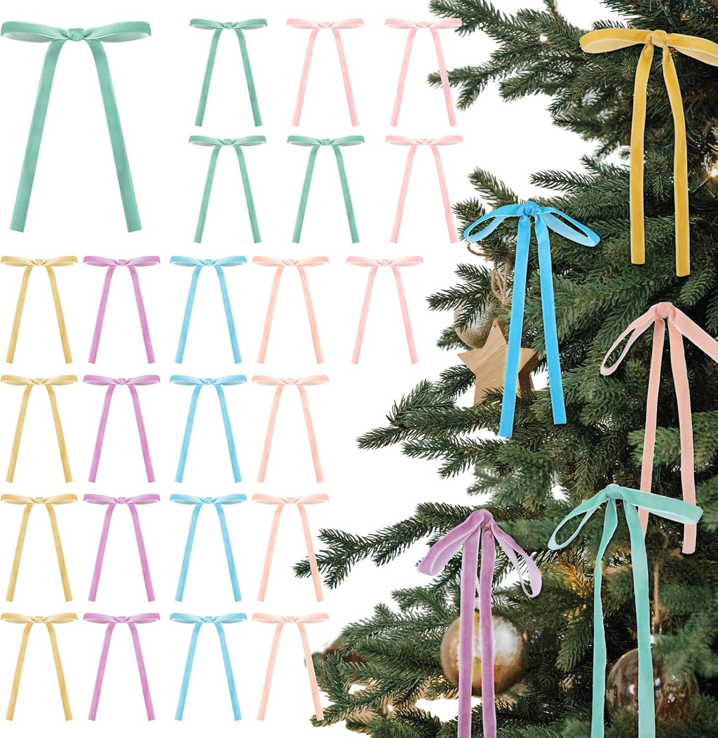 Skiennix 24 Pcs Velvet Bows - Vintage Ribbon Bows for Christmas Tree & Crafts | Pastel Rainbow (5 x 7 Inch, 3/8" Width)