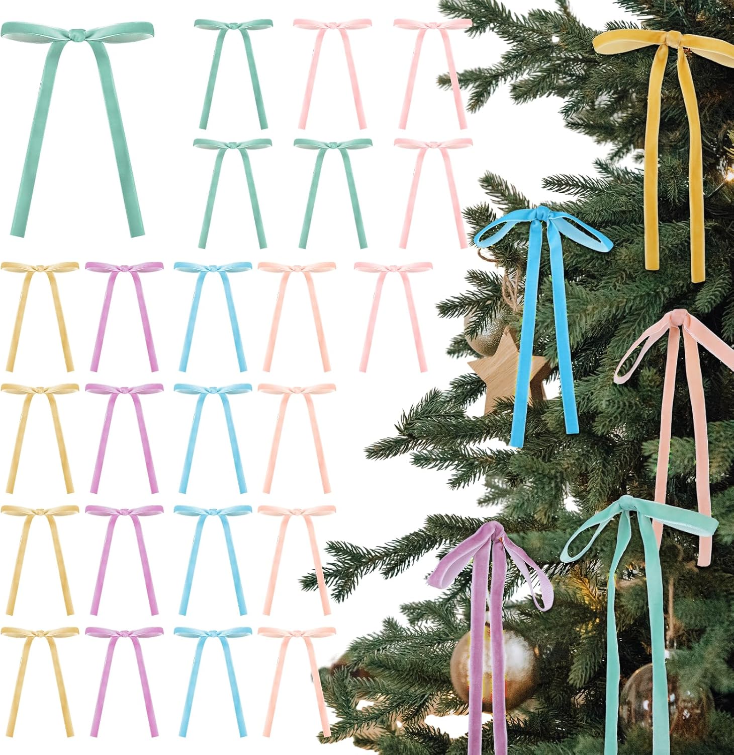 Skiennix 24 Pcs Velvet Bows - Vintage Ribbon Bows for Christmas Tree & Crafts | Pastel Rainbow (5 x 7 Inch, 3/8" Width)