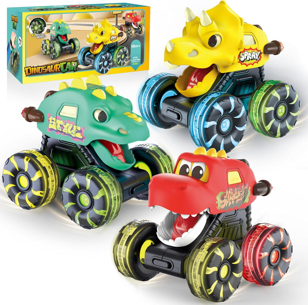 Skiennix Dinosaur Monster Truck Toys - 3 Pack with Light-Up LED Wheels for Toddlers