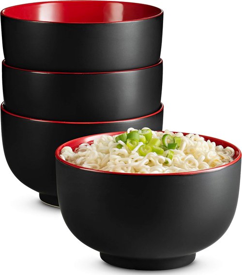 KooK Ramen Bowl - Large Ceramic Noodle Bowls | Microwave & Dishwasher Safe, 34 oz, Set of 4 (Black/Red)