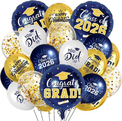 Graduation Decorations 2026 - Skiennix Navy Blue & Gold Balloons Set | 51Pcs Latex & Foil with Confetti Ribbons