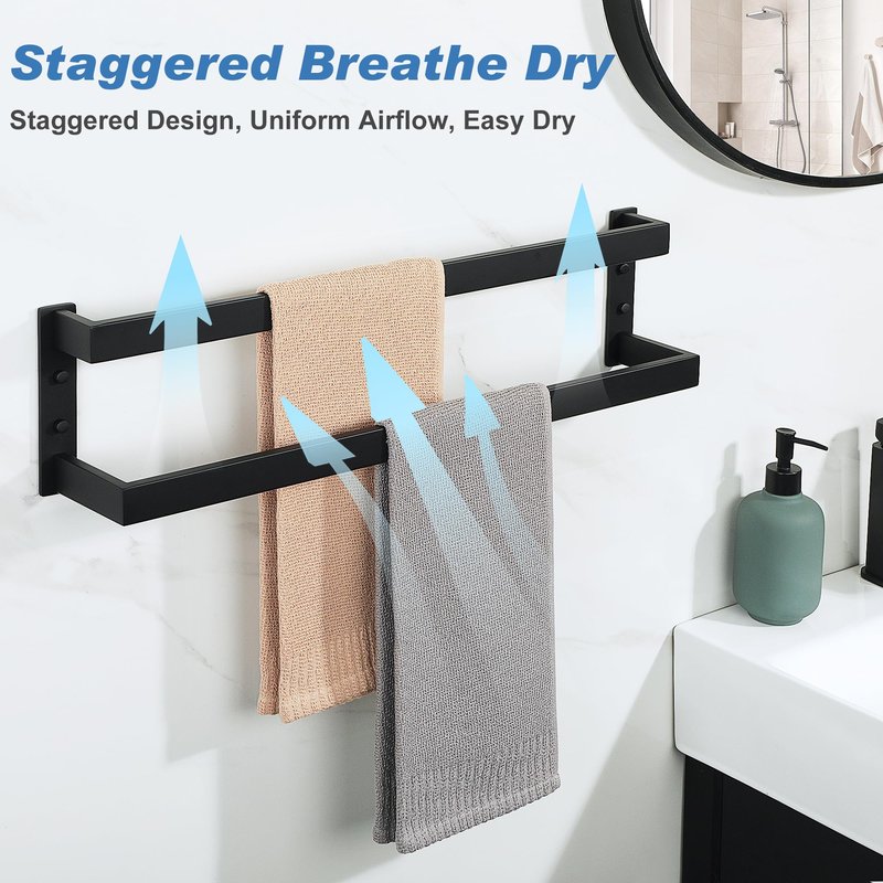 Alise Double Towel Bar, 24" Towel Racks for Bathroom Wall Mounted SUS304 Stainless Steel, Heavy Duty Bathroom Towel Holder, Quick Drying Towel Hanger, Matte Black