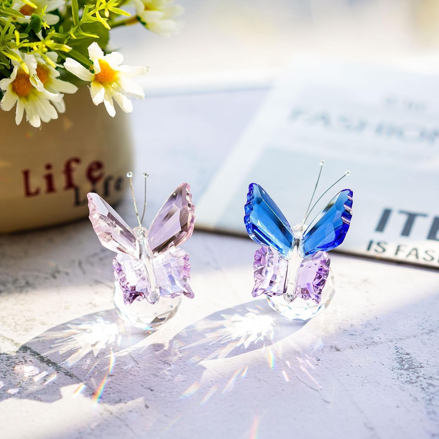 Skiennix Crystal Butterfly Figurines - Elegant Clear Ball Base | 2-Piece Set for Home Decor & Gifts