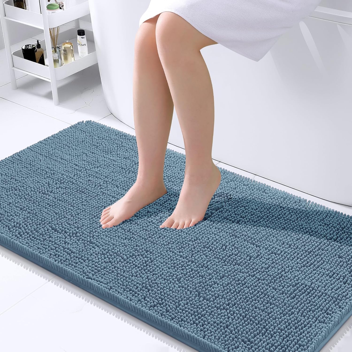 OLANLY Large Bathroom Rugs - Extra Soft Chenille Bath Mats with Rubber Backing | Quick Dry, 40x24, Airy Blue